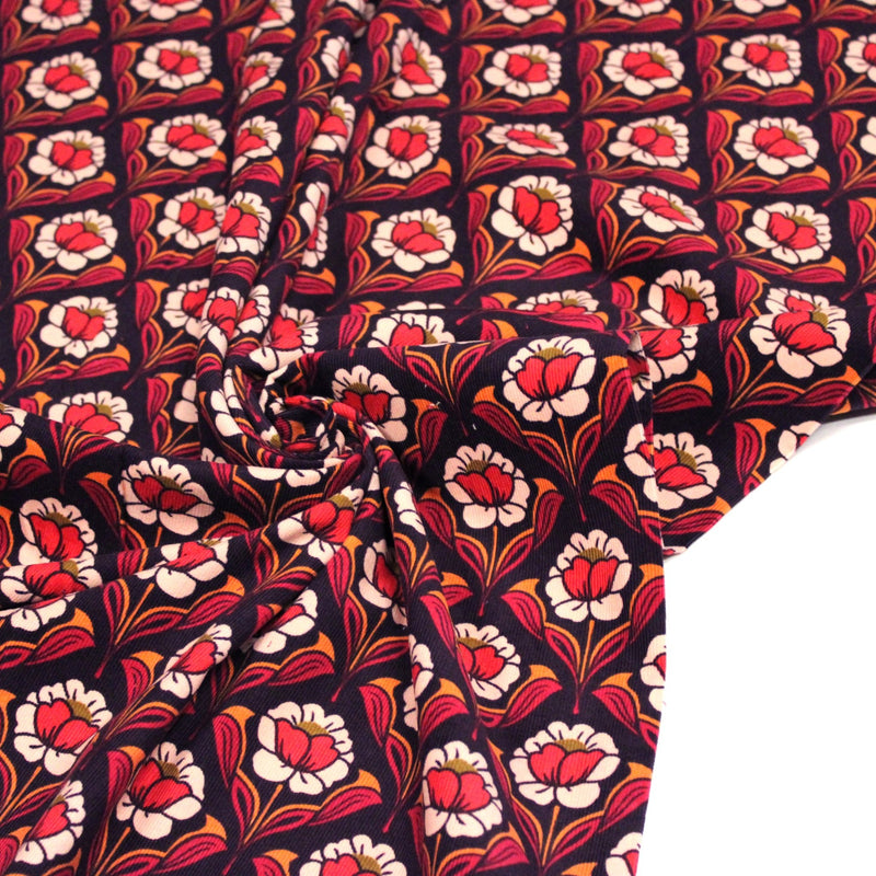 Tissu velours milleraies imprimé ART NOUVEAU aux fleurs géométriques corail rouges oranges - STANDARD 100 OEKO-TEX - TissusPapi.com