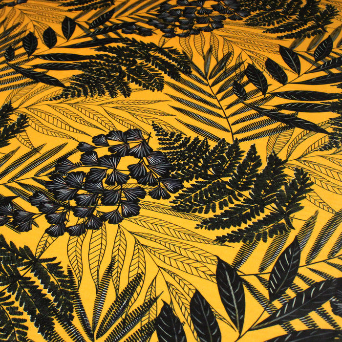 Tissu Velours ras motif tropical, tons jaunes et noirs