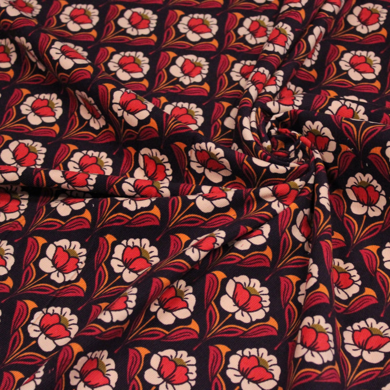 Tissu velours milleraies imprimé ART NOUVEAU aux fleurs géométriques corail rouges oranges - STANDARD 100 OEKO-TEX - TissusPapi.com