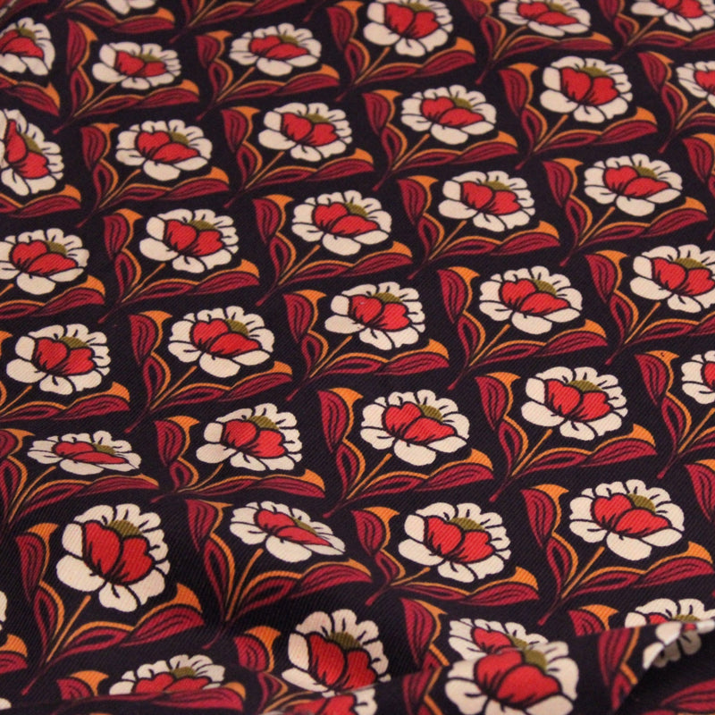 Tissu velours milleraies imprimé ART NOUVEAU aux fleurs géométriques corail rouges oranges - STANDARD 100 OEKO-TEX - TissusPapi.com