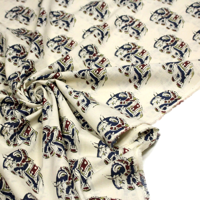 Tissu coton fin imprimé INDIENNES, écru aux éléphants - STANDARD 100 OEKO-TEX