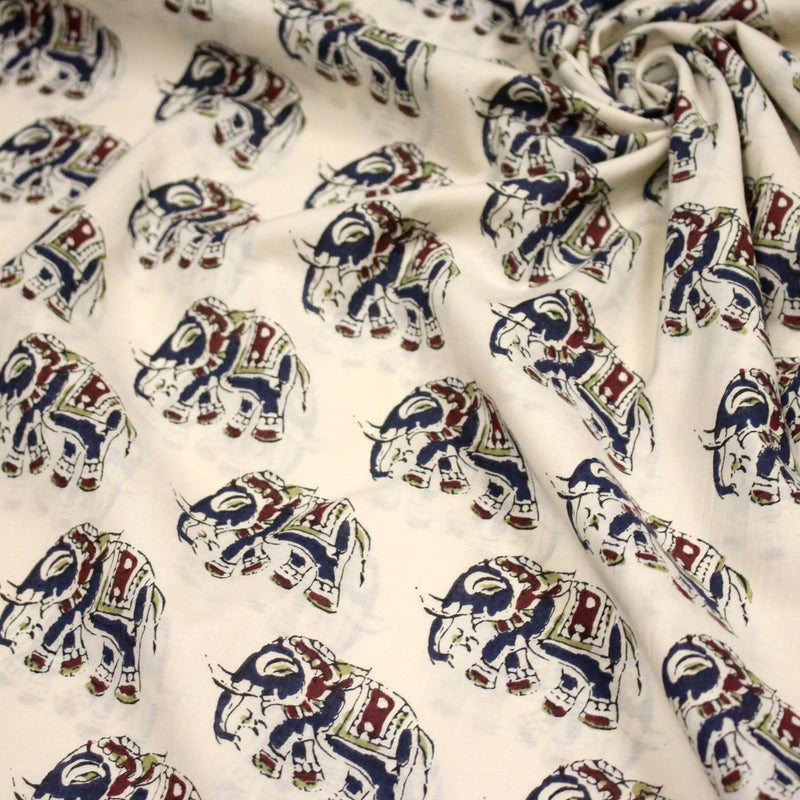 Tissu coton fin imprimé INDIENNES, écru aux éléphants - STANDARD 100 OEKO - TEX - TissusPapi.com