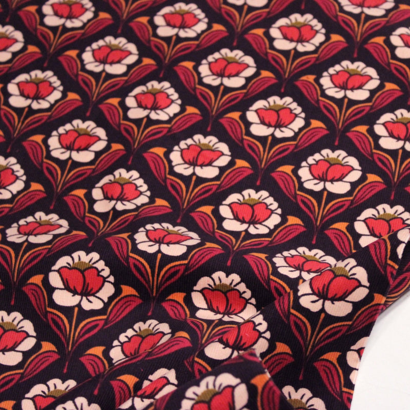 Tissu velours milleraies imprimé ART NOUVEAU aux fleurs géométriques corail rouges oranges - STANDARD 100 OEKO-TEX - TissusPapi.com