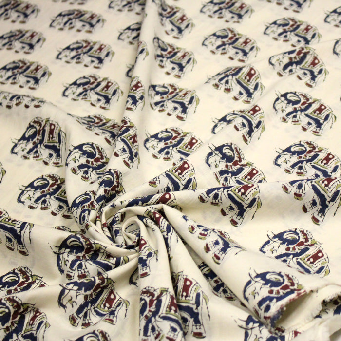 Tissu coton fin imprimé INDIENNES, écru aux éléphants - STANDARD 100 OEKO-TEX
