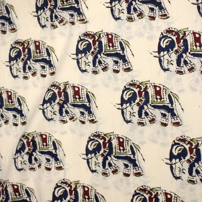 Tissu coton fin imprimé INDIENNES, écru aux éléphants - STANDARD 100 OEKO-TEX