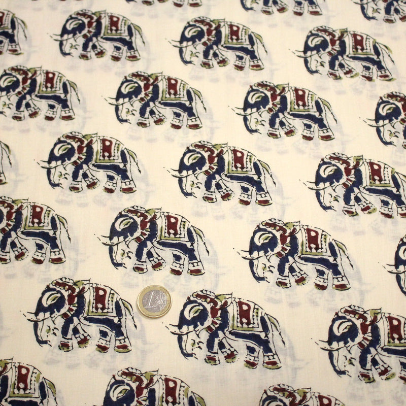 Tissu coton fin imprimé INDIENNES, écru aux éléphants - STANDARD 100 OEKO - TEX - TissusPapi.com