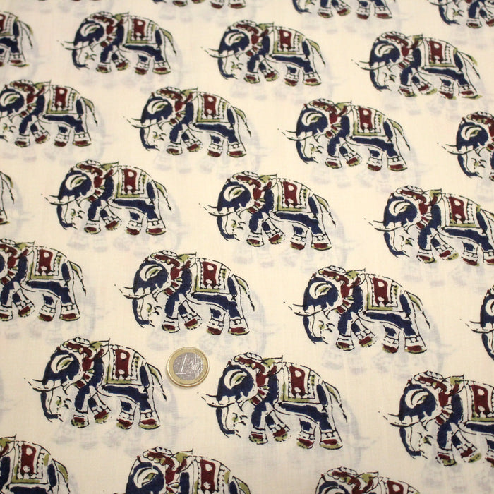 Tissu coton fin imprimé INDIENNES, écru aux éléphants - STANDARD 100 OEKO-TEX