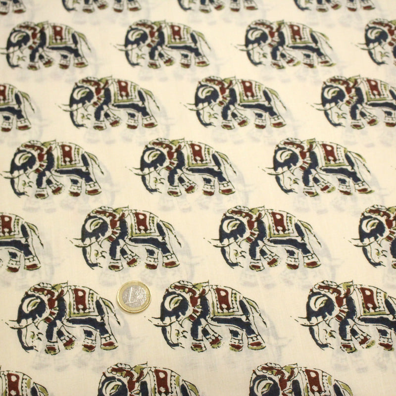 Tissu coton fin imprimé INDIENNES, écru aux éléphants - STANDARD 100 OEKO - TEX - TissusPapi.com