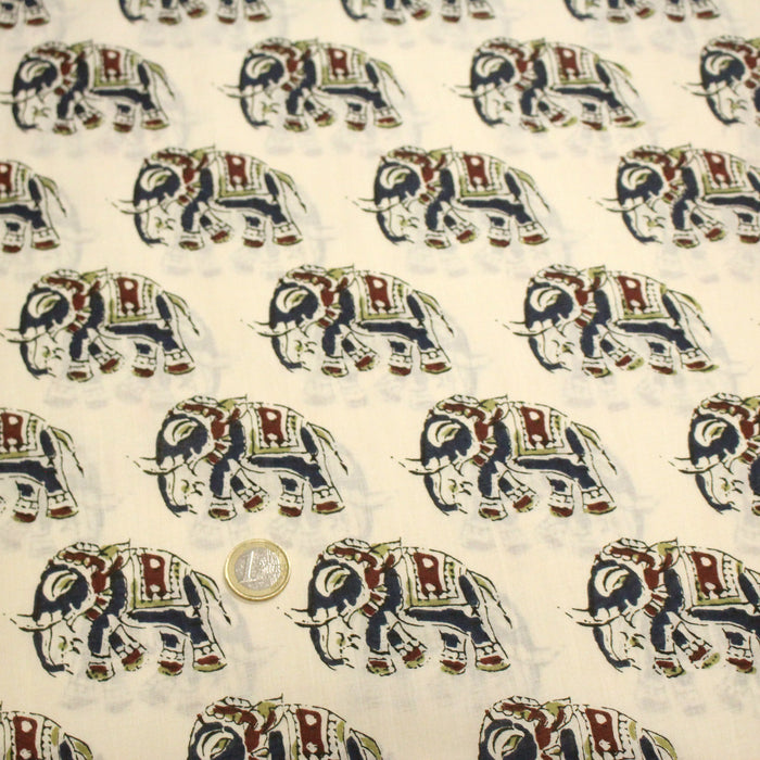 Tissu coton fin imprimé INDIENNES, écru aux éléphants - STANDARD 100 OEKO-TEX