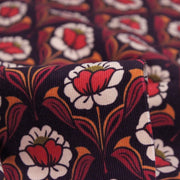 Tissu velours milleraies imprimé ART NOUVEAU aux fleurs géométriques corail rouges oranges - STANDARD 100 OEKO-TEX - TissusPapi.com