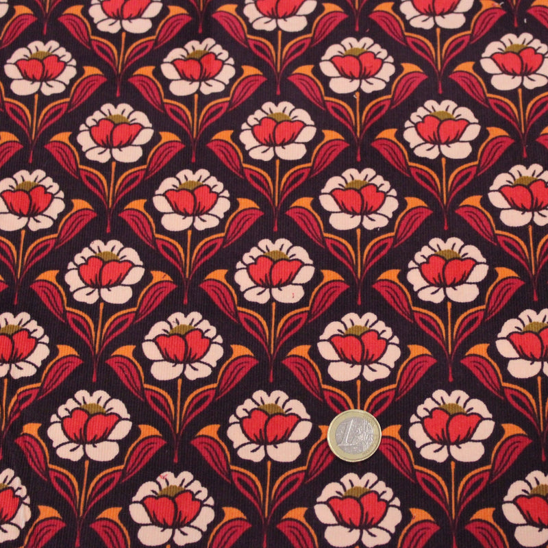 Tissu velours milleraies imprimé ART NOUVEAU aux fleurs géométriques corail rouges oranges - STANDARD 100 OEKO-TEX - TissusPapi.com