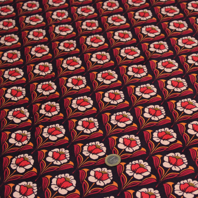 Tissu velours milleraies imprimé ART NOUVEAU aux fleurs géométriques corail rouges oranges - STANDARD 100 OEKO-TEX - TissusPapi.com
