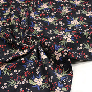 Tissu velours milleraies imprimé noir aux fleurs écrues, bleues, vertes - STANDARD 100 OEKO-TEX - TissusPapi.com