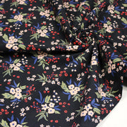 Tissu velours milleraies imprimé noir aux fleurs écrues, bleues, vertes - STANDARD 100 OEKO-TEX - TissusPapi.com