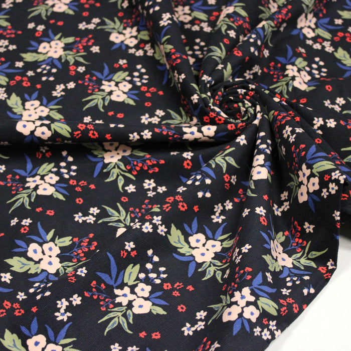 Tissu velours milleraies imprimé noir aux fleurs écrues, bleues, vertes - STANDARD 100 OEKO-TEX