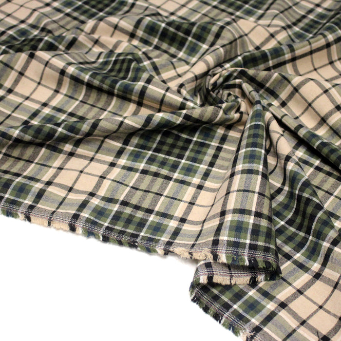 Tissu Tartan motif traditionnel crème noir vert bleu blanc
