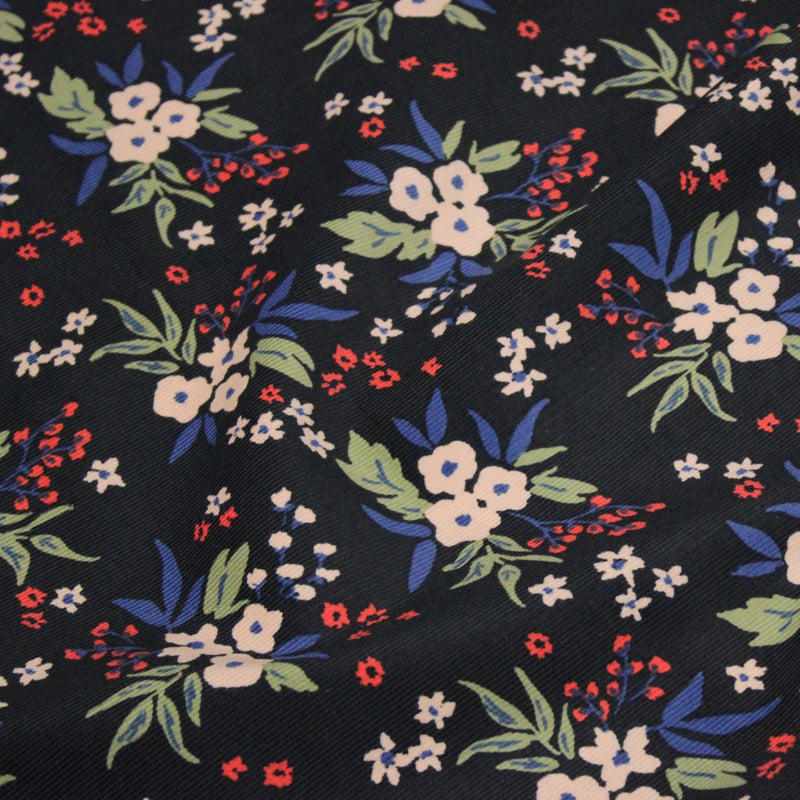 Tissu velours milleraies imprimé noir aux fleurs écrues, bleues, vertes - STANDARD 100 OEKO-TEX - TissusPapi.com