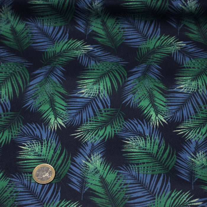 Tissu cotonnade motif tropical NASSAU, feuillage bleu et vert