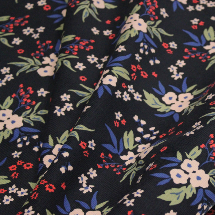 Tissu velours milleraies imprimé noir aux fleurs écrues, bleues, vertes - STANDARD 100 OEKO-TEX