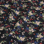 Tissu velours milleraies imprimé noir aux fleurs écrues, bleues, vertes - STANDARD 100 OEKO-TEX - TissusPapi.com