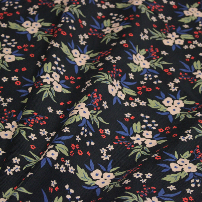 Tissu velours milleraies imprimé noir aux fleurs écrues, bleues, vertes - STANDARD 100 OEKO-TEX