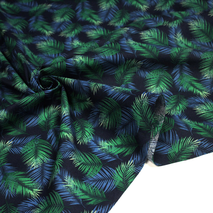 Tissu cotonnade motif tropical NASSAU, feuillage bleu et vert