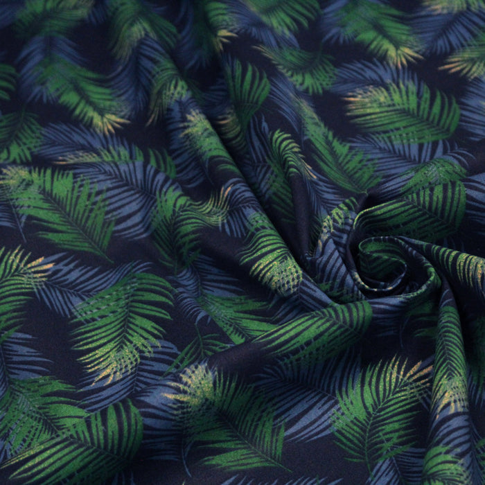 Tissu cotonnade motif tropical NASSAU, feuillage bleu et vert