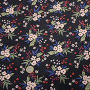 Tissu velours milleraies imprimé noir aux fleurs écrues, bleues, vertes - STANDARD 100 OEKO-TEX - TissusPapi.com