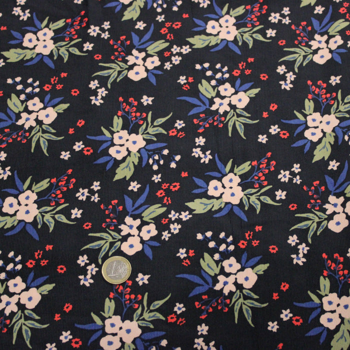Tissu velours milleraies imprimé noir aux fleurs écrues, bleues, vertes - STANDARD 100 OEKO-TEX