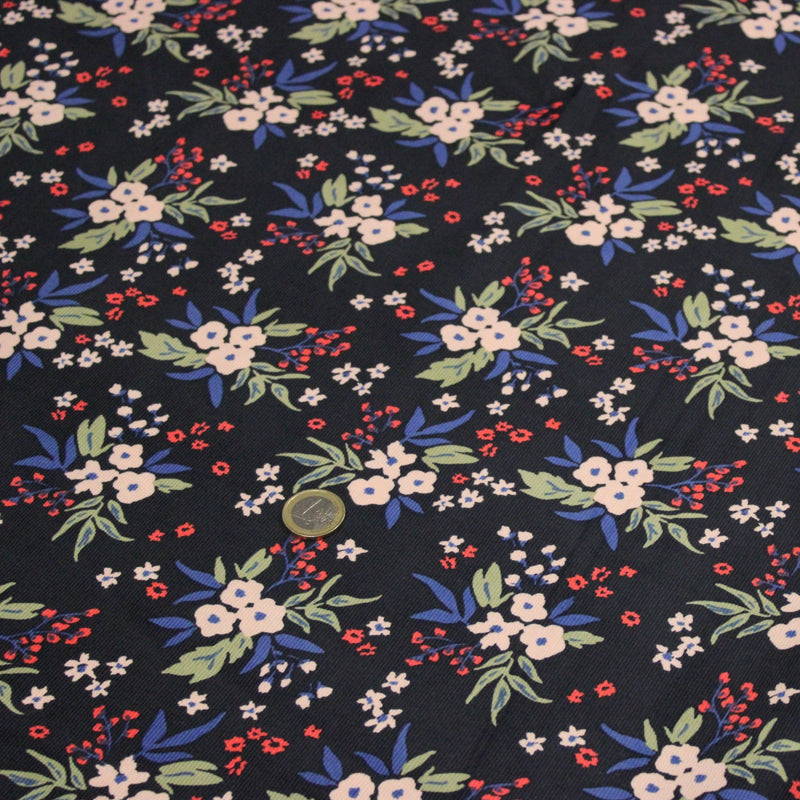 Tissu velours milleraies imprimé noir aux fleurs écrues, bleues, vertes - STANDARD 100 OEKO-TEX - TissusPapi.com