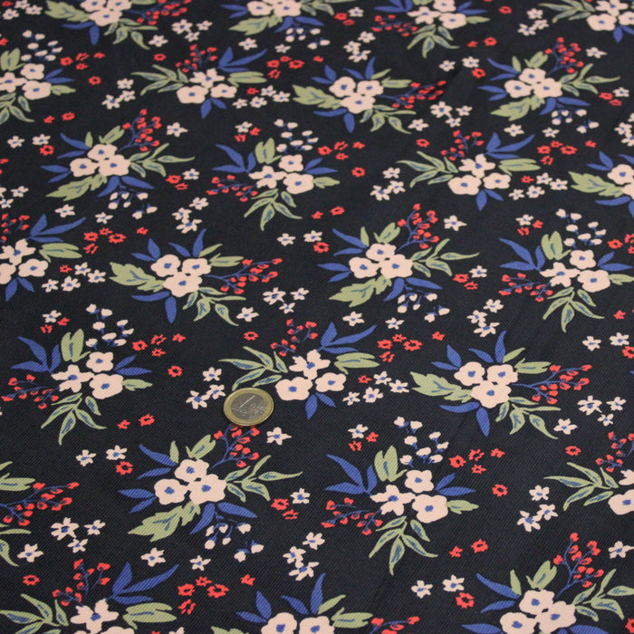 Tissu velours milleraies imprimé noir aux fleurs écrues, bleues, vertes - STANDARD 100 OEKO-TEX