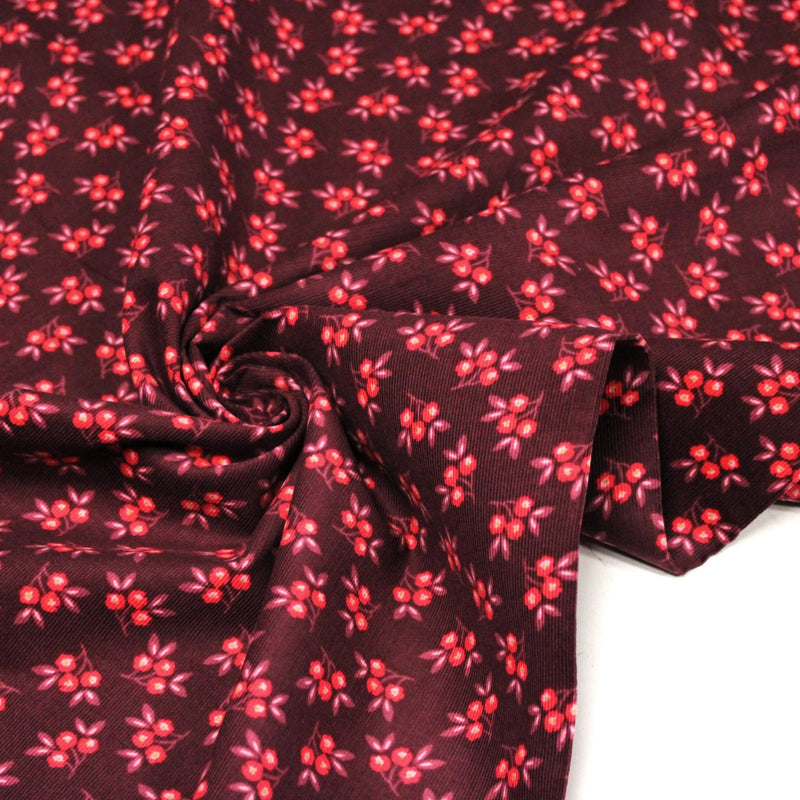 Tissu velours milleraies imprimé bordeaux aux douces fleurs rouges & parme - STANDARD 100 OEKO-TEX - TissusPapi.com