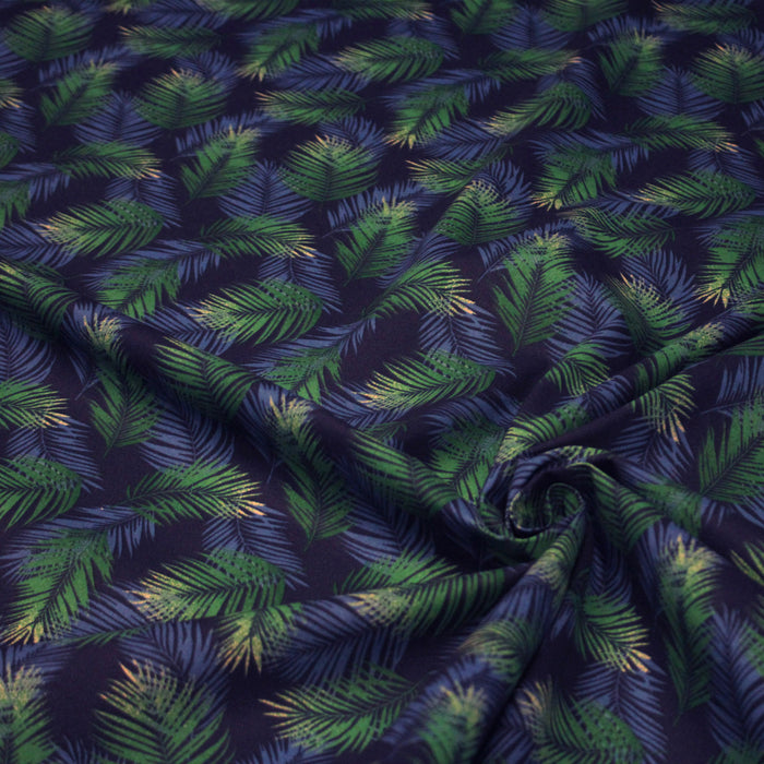 Tissu cotonnade motif tropical NASSAU, feuillage bleu et vert