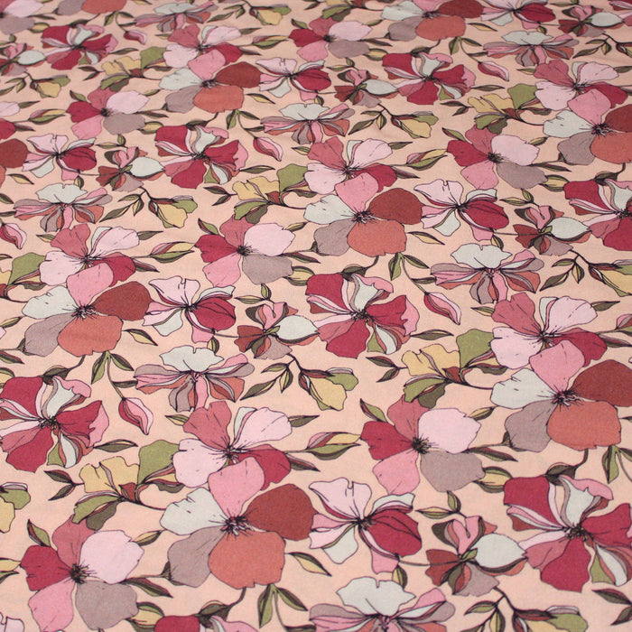 Tissu Microfibre de viscose aux grandes fleurs roses et blanches, feuilles vertes, tel un bouquet ! - OEKO-TEX®