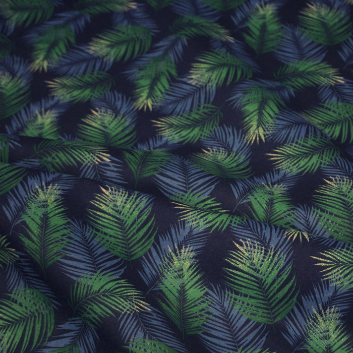 Tissu cotonnade motif tropical NASSAU, feuillage bleu et vert