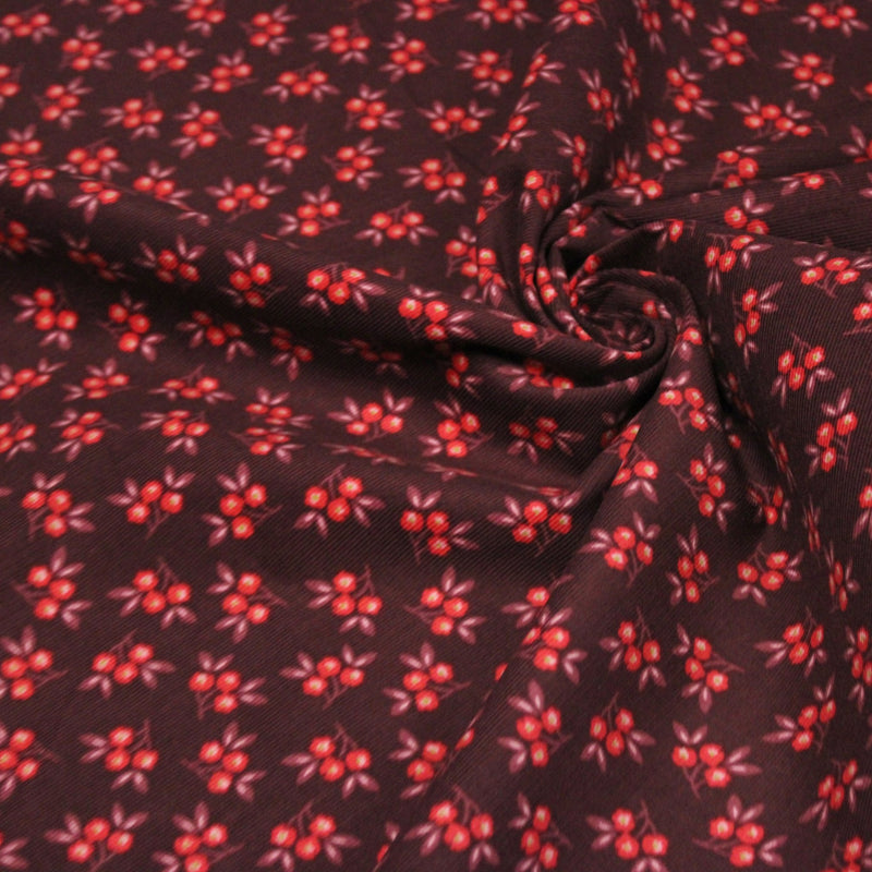 Tissu velours milleraies imprimé bordeaux aux douces fleurs rouges & parme - STANDARD 100 OEKO-TEX - TissusPapi.com