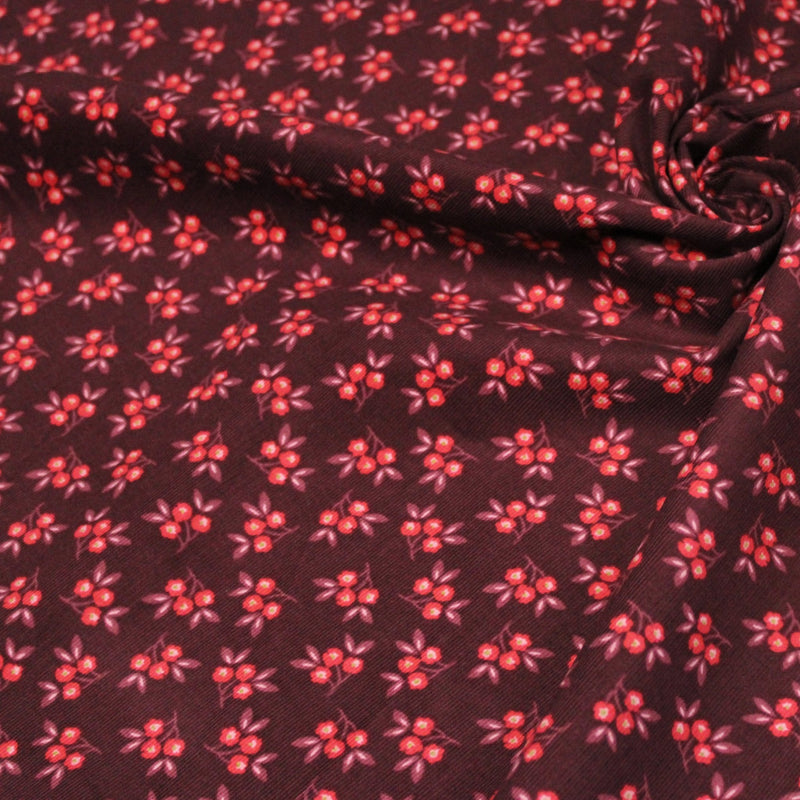 Tissu velours milleraies imprimé bordeaux aux douces fleurs rouges & parme - STANDARD 100 OEKO-TEX - TissusPapi.com