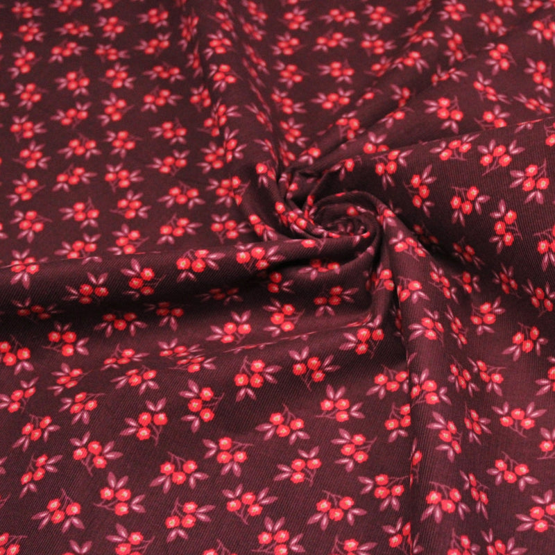 Tissu velours milleraies imprimé bordeaux aux douces fleurs rouges & parme - STANDARD 100 OEKO-TEX - TissusPapi.com