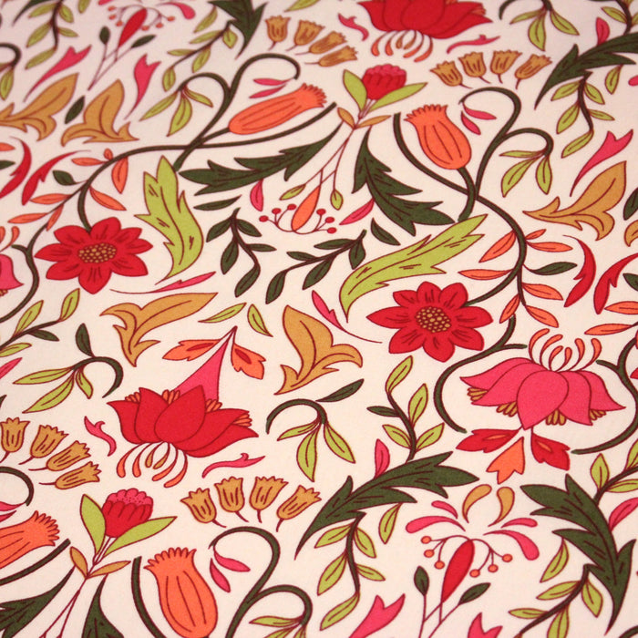 Tissu cotonnade fleuri typique ART NOUVEAU, tons corail, roses et verts - OEKO-TEX STANDARD 100