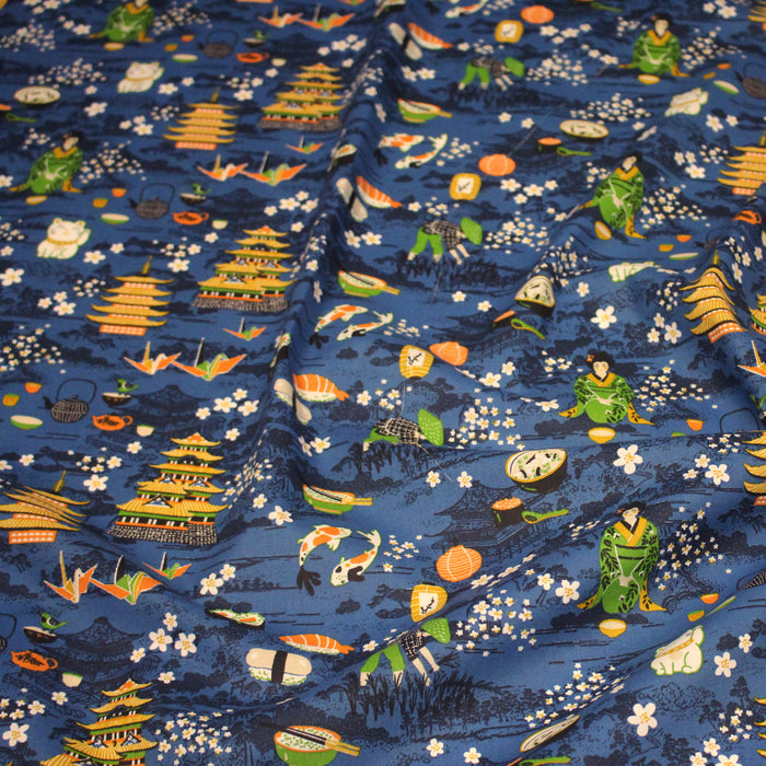 Tissu de coton NAGANO aux motifs traditionnels japonais, fond bleu roi - OEKO-TEX