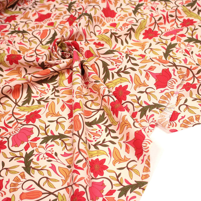 Tissu cotonnade fleuri typique ART NOUVEAU, tons corail, roses et verts - OEKO-TEX STANDARD 100