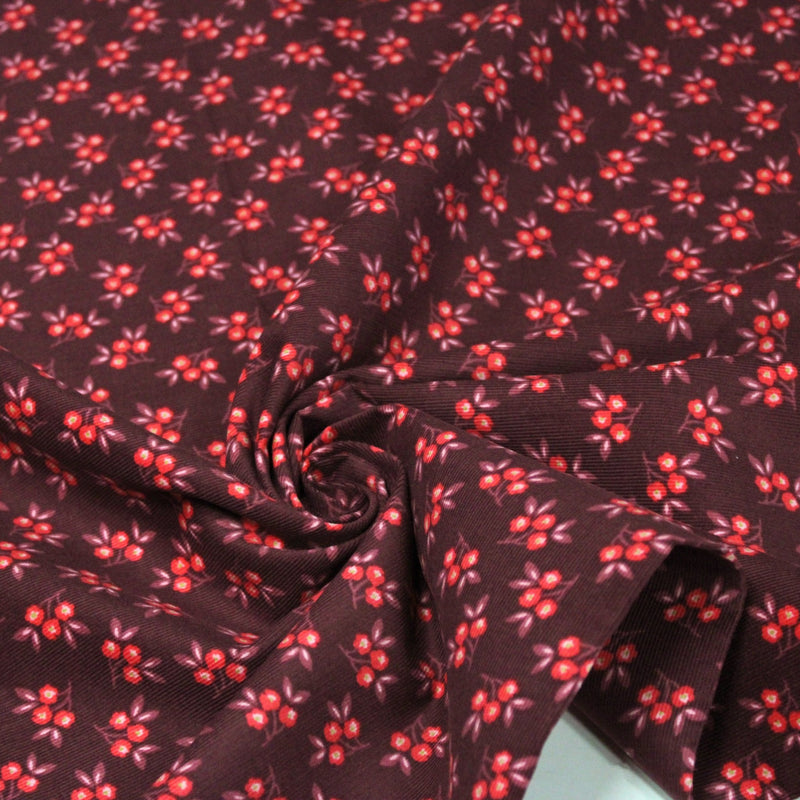 Tissu velours milleraies imprimé bordeaux aux douces fleurs rouges & parme - STANDARD 100 OEKO-TEX - TissusPapi.com