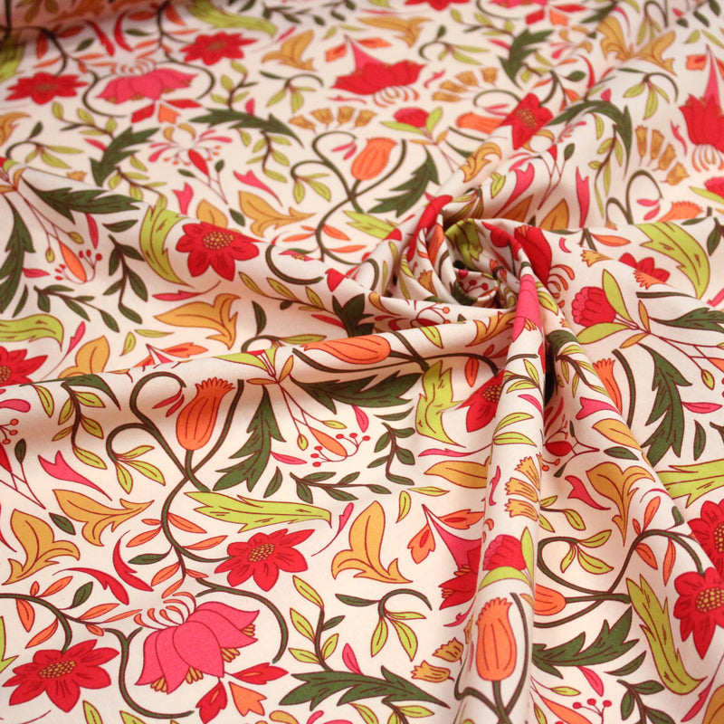 Tissu cotonnade fleuri typique ART NOUVEAU, tons corail, roses et verts - OEKO - TEX STANDARD 100 - TissusPapi.com