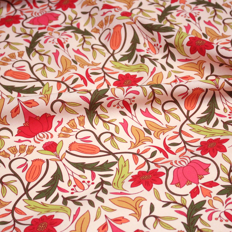 Tissu cotonnade fleuri typique ART NOUVEAU, tons corail, roses et verts - OEKO - TEX STANDARD 100 - TissusPapi.com