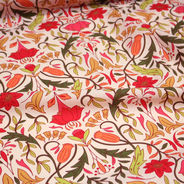Tissu cotonnade fleuri typique ART NOUVEAU, tons corail, roses et verts - OEKO-TEX STANDARD 100