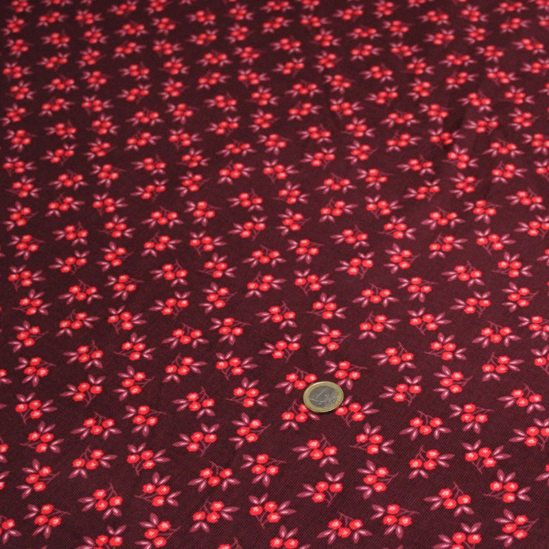 Tissu velours milleraies imprimé bordeaux aux douces fleurs rouges & parme - STANDARD 100 OEKO-TEX - TissusPapi.com