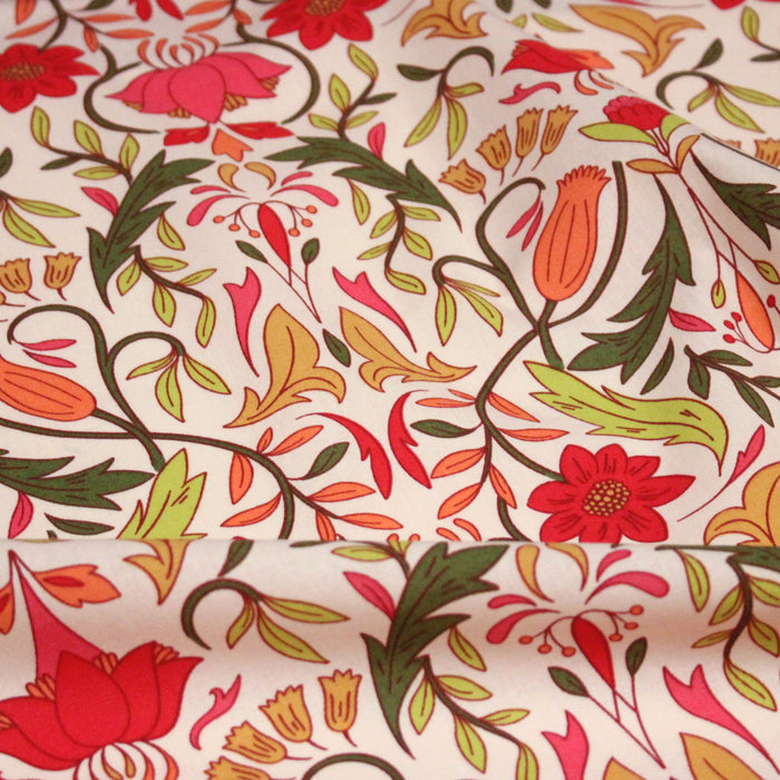 Tissu cotonnade fleuri typique ART NOUVEAU, tons corail, roses et verts - OEKO-TEX STANDARD 100