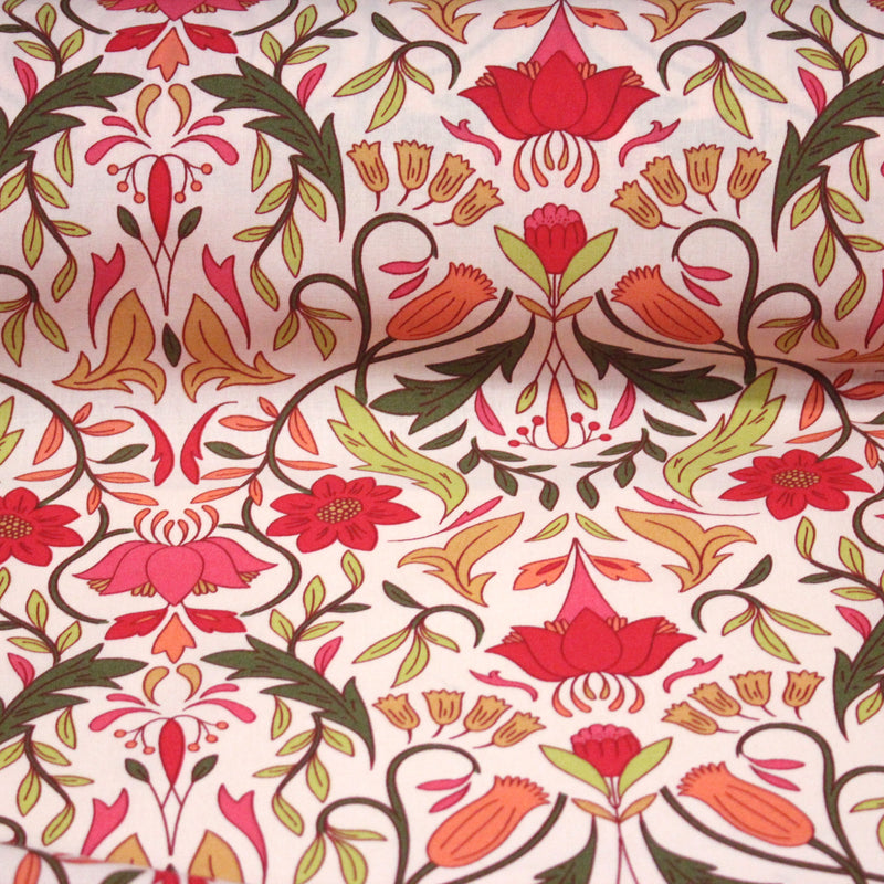 Tissu cotonnade fleuri typique ART NOUVEAU, tons corail, roses et verts - OEKO - TEX STANDARD 100 - TissusPapi.com