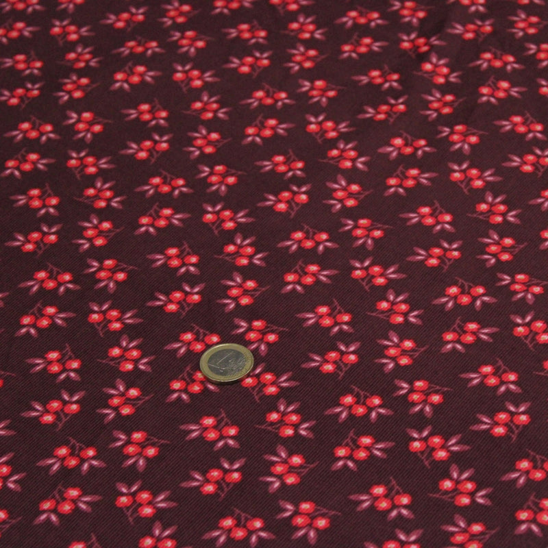 Tissu velours milleraies imprimé bordeaux aux douces fleurs rouges & parme - STANDARD 100 OEKO-TEX - TissusPapi.com