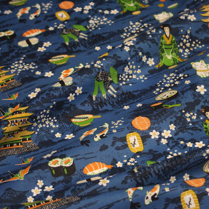 Tissu de coton NAGANO aux motifs traditionnels japonais, fond bleu roi - OEKO-TEX